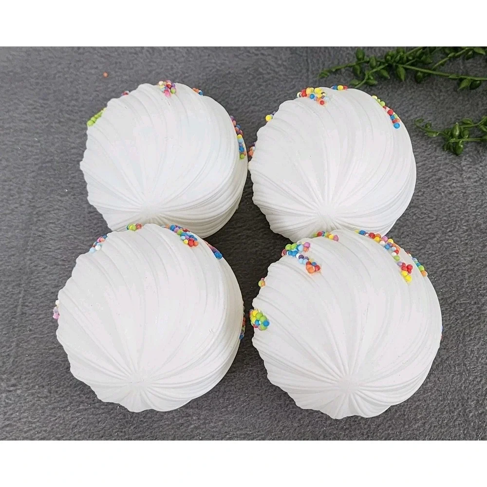 4 White Swirl Beaded Christmas‎ Round Ball Ornaments Colorful Plastic 4